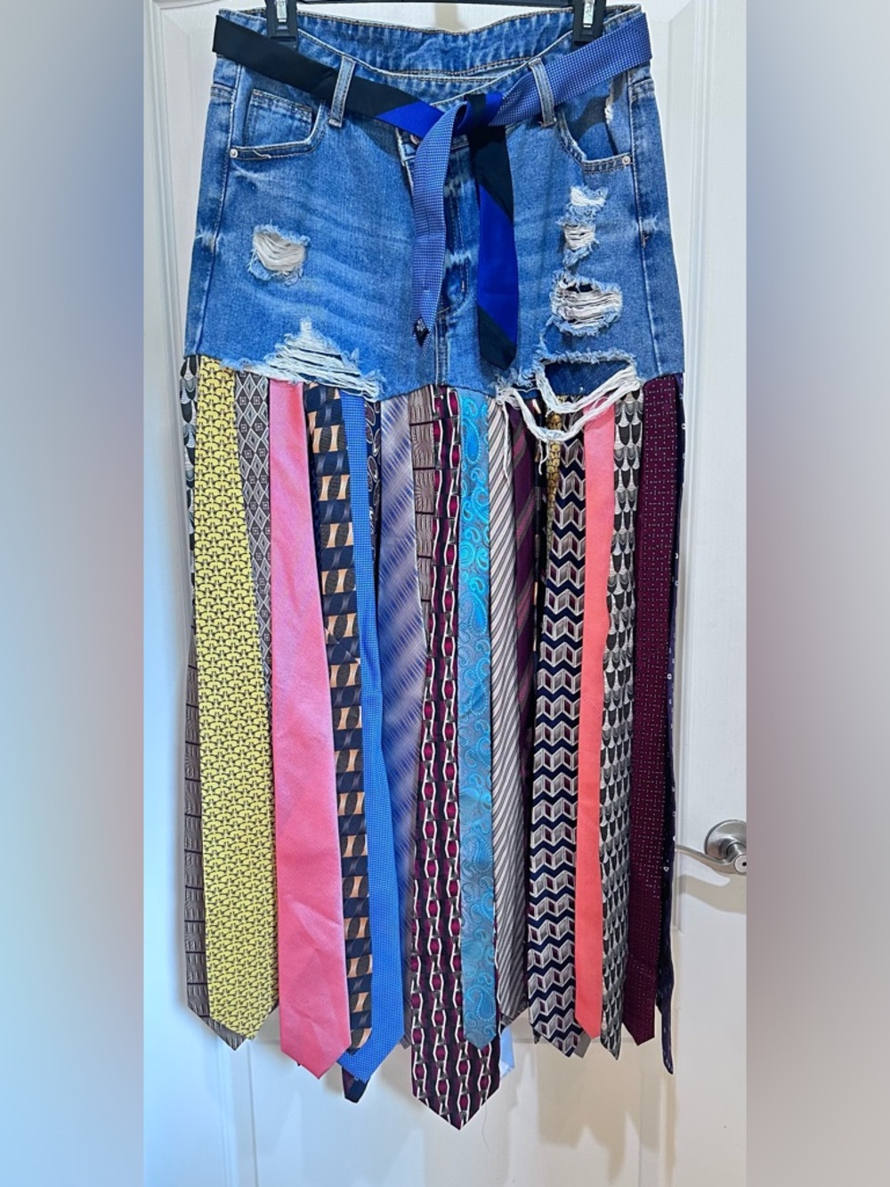Upcycled Multicolor Tie-Strip Denim Maxi Skirt size L - Picture 5 of 7